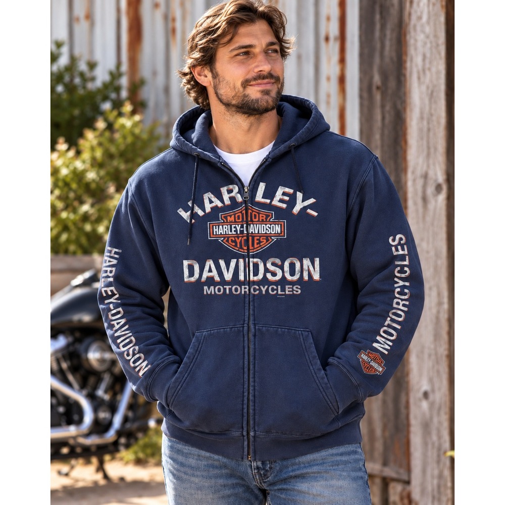 Harley Davidson Hoodie Mens Large Navy Zip Graphic Sleeve Motorcycle Sweatshirt